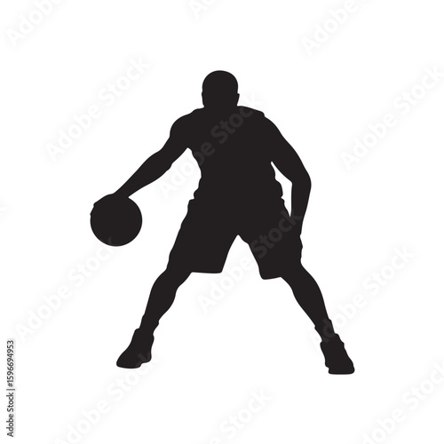 Black silhouette of a basketball player dribbling white 1