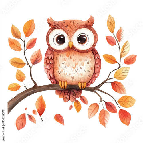 Watercolor Owl Perched on Autumnal Branch with Vibrant Orange Leaves