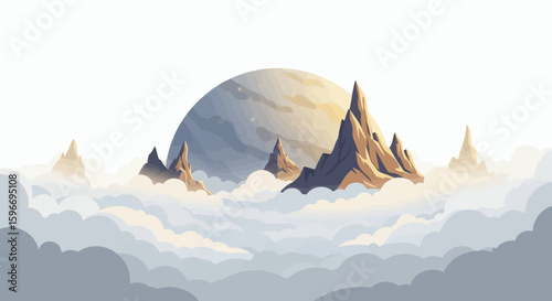 Mountains above clouds with a large planet in the background