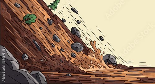 Mudslide with rocks and trees falling down a slope