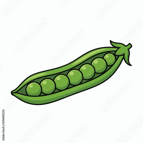 Pea pod with six green peas inside black outline on white