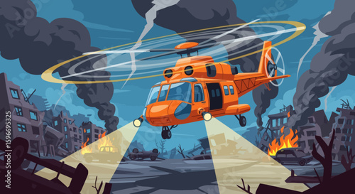 Orange helicopter flying over damaged buildings and burning cars