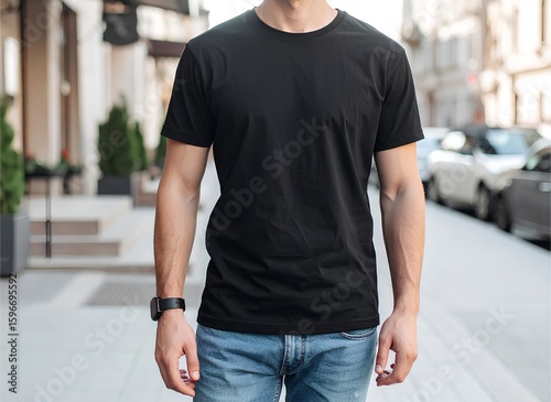 Young Model Shirt Mockup, Boy Wearing Black T-Shirt on Street in Daylight, Urban Casual Fashion Template for Clothing Brand, Blank Cotton Tee Design for Print, Stylish Apparel Mockup, Generative AI