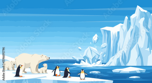 Polar bears and penguins stand on ice in an Arctic landscape with large icebergs and falling ice