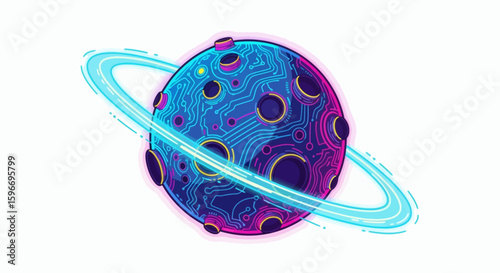 Planet with rings designed with digital circuit patterns and craters