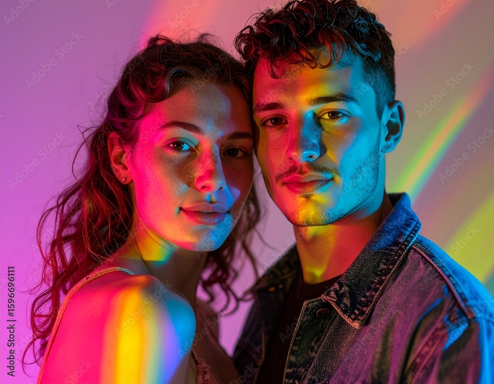 Obraz premium Chromatic Couple Portrait: A young couple, bathed in vibrant rainbow light projections, share an intimate moment, their faces illuminated with a blend of colorful hues.
