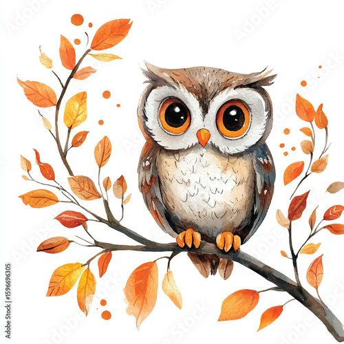 Watercolor Owl Perched on Branch with Autumnal Leaves Big Orange Eyes