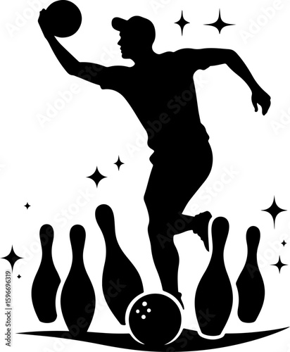 Bowling Alley Silhouette Scene – Bowler with Pins, Ball, and Players Vector