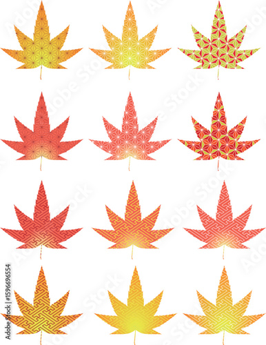 和柄が施された紅葉の葉を彩り豊かに並べたベクター素材セット
