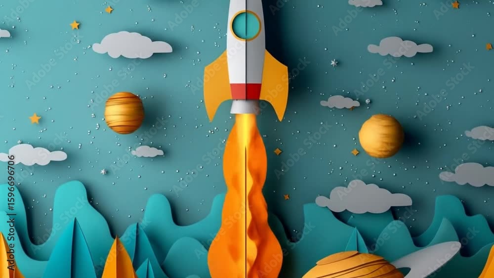 A papercraft rocket with orange flames launches amidst layered paper planets, clouds, and a textured blue backdrop.