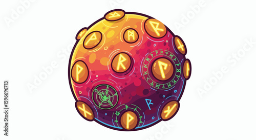 Sphere adorned with runes and symbols on a white background
