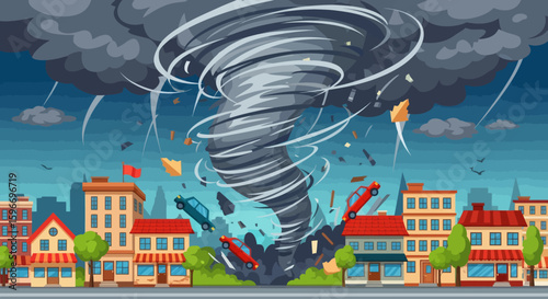Tornado in a city with cars and debris swirling around buildings