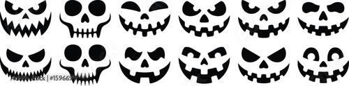 Set of spooky Halloween pumpkin faces. Collection of Jack-o'-lantern carving stencils with scary, evil, and funny expressions. Monster and skull silhouette vector icons.
