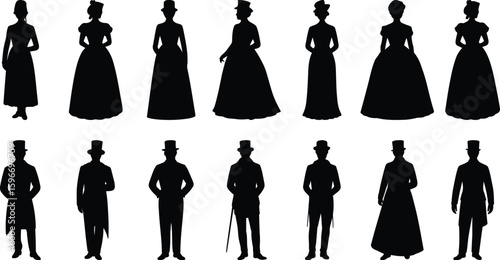 Collection of historical people silhouettes. Set of vintage men and women in Victorian era costumes, including dresses, suits, and top hats. Vector graphic elements.

