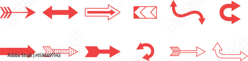 Set of red arrow icons. Collection of various pointer symbols and directional signs. Flat, outline, and modern styles for graphic design elements.