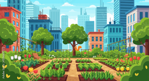 Urban rooftop garden with vegetables flowers trees and city buildings