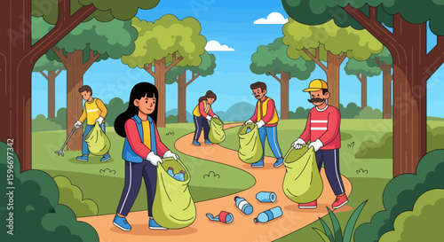 Volunteers cleaning up litter in a park with trees and sky