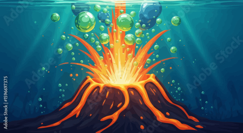 Underwater volcano erupting with lava and bubbles