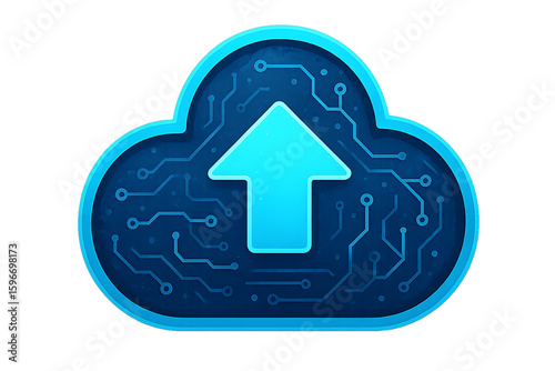 Digital cloud upload with circuit board pattern and upward arrow