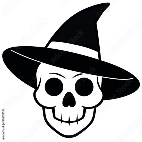 Monochrome skull adorned with classic witch hat evokes spooky vibes on transparent background