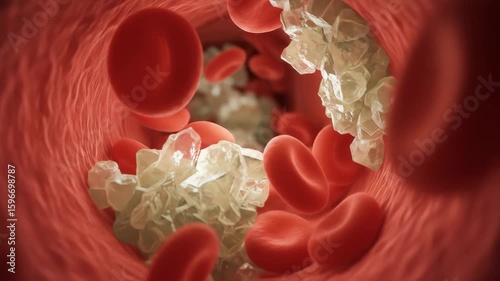 Sugar Crystals in Blood Vessel - Microscopic view of sugar crystals obstructing a blood vessel. Red blood cells are visible, surrounded by and impacted by the crystalline structures.