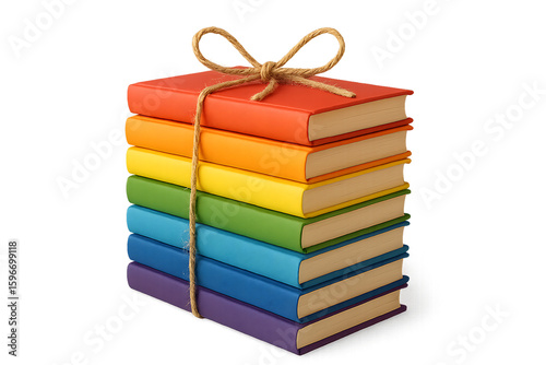 Stack of rainbow colored books tied with twine and a bow