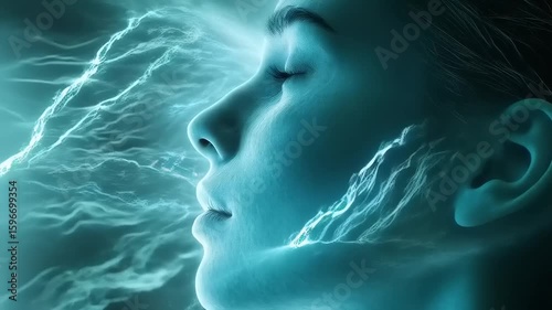 Serene Meditation: A Woman Immersed in Electric Blue Thought and Mindfulness