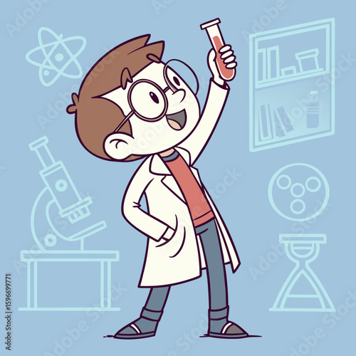 Cute Cartoon Boy Scientist Holding Test Tube in Laboratory