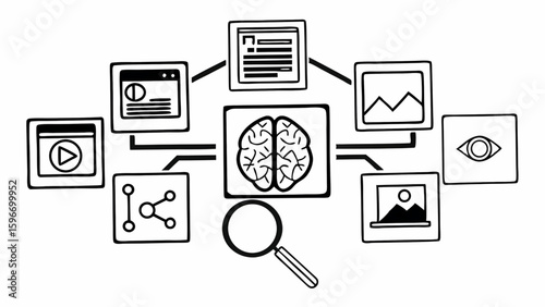 Semi-Isometric Multi-Modal Search Concept With Interconnected Nodes, AI And Machine Learning Symbols 