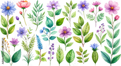 Watercolor floral elements with green leave. Hand-drawn flower clipart in soft colors. Wildflowers and leaves watercolor. Watercolor botanical illustration set. Cute floral and foliage watercolor pack