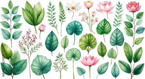 Watercolor floral elements with green leaves. Hand-drawn flower clipart in soft colors. Wildflowers and leaves watercolor collection. Watercolor botanical set. Cute floral and foliage watercolor pack