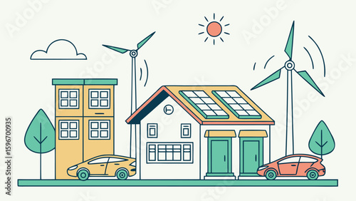 Illustration of a sustainable city with solar panels, wind turbines, cars, building and sun in the sky