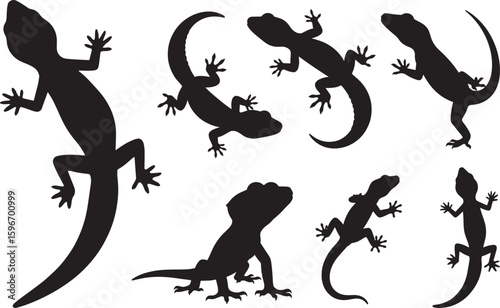 Set of lizard gecko iguana silhouette vector isolated on white background– black isolated reptile icon, wildlife nature art, tropical pet tattoo design, cartoon mascot logo, abstract set collection