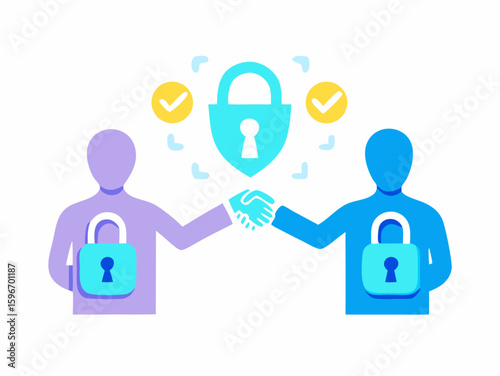 Secure Padlock Handshake Concept, Prover Verifier With Node Lines, Violet And Metallic Symbol