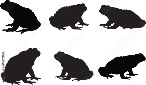 set of frog silhouette vector illustration – black isolated wildlife amphibian icon isolated on white background, cute cartoon animal design, jungle zoo mascot symbol, funny character drawing