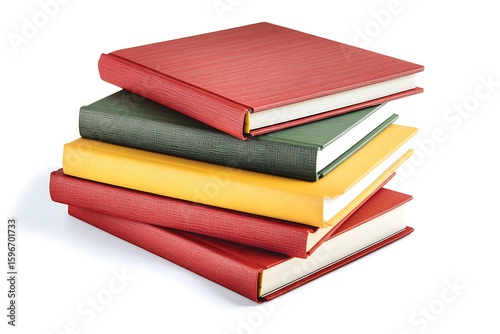 A set of stacked notebooks with different textured covers in shades of red, yellow, and green, set against a solid white background, highlighting their clean and organized design.