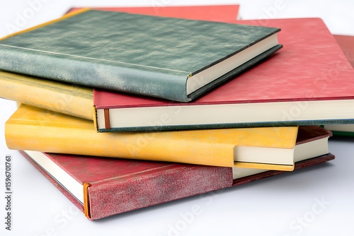 A set of stacked notebooks with different textured covers in shades of red, yellow, and green, set against a solid white background, highlighting their clean and organized design.