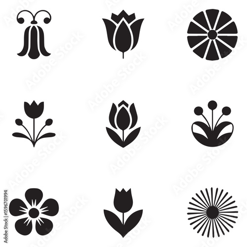 Vector art of a collection of stylized floral icons and botanical elements isolated on white background