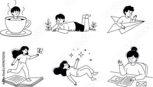 Cute character illustration doodles of business people using gadgets while working and communicating.