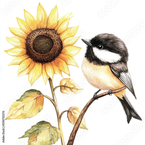 Watercolor Painting of a Chickadee Perched Near a Sunflower in Bloom