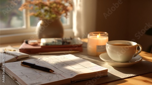 Desk with planner, candle and coffee cup in morning light