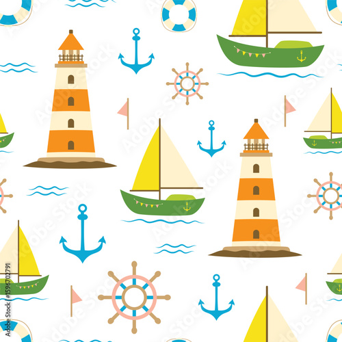 marine pattern with lighthouse and sailboat