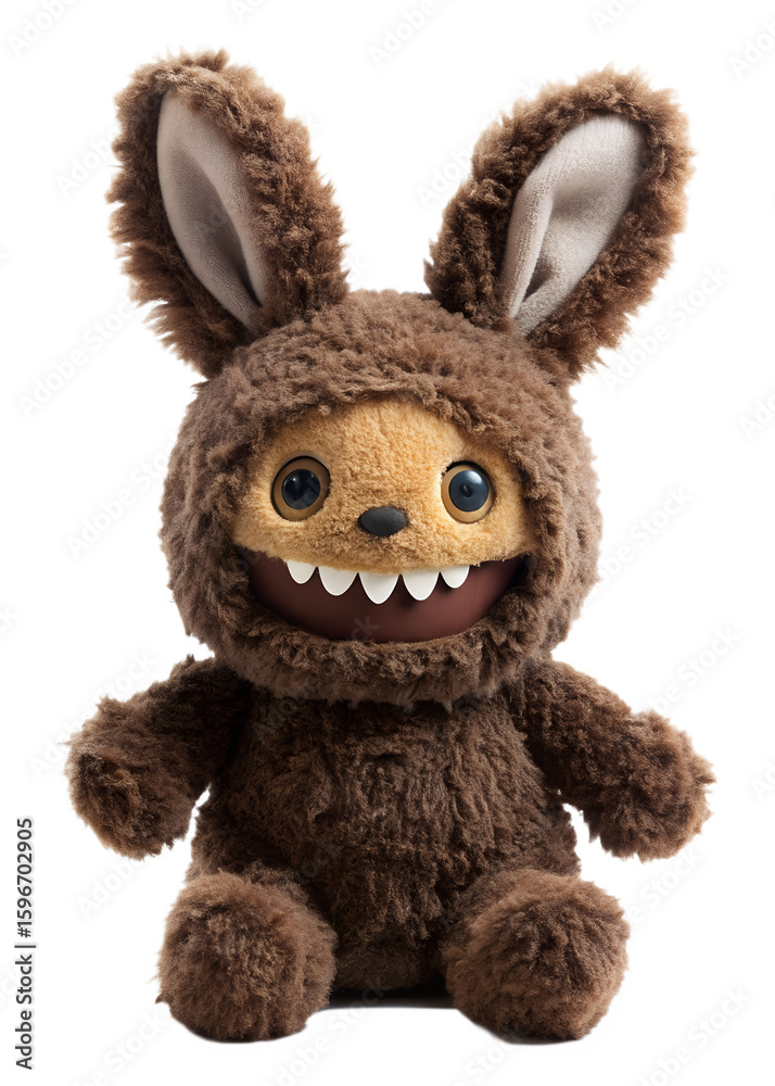 Fototapeta premium A fluffy brown plush toy creature with rabbit ears and a wide, toothy smile, isolated on a transparent background