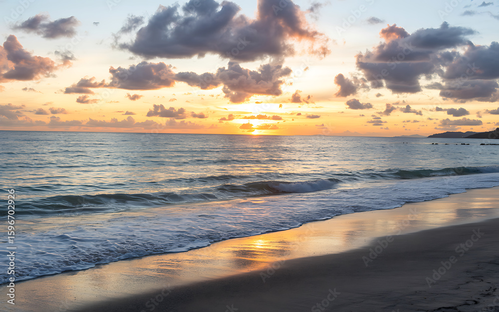 Obraz premium Sunset over the beach and sea with waves and clouds