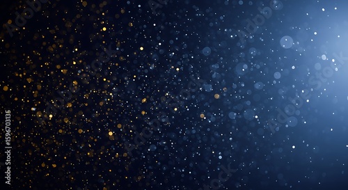 Golden and blue particles sparkle and glow against a dark background