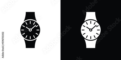 Black and white minimalist watch icons, analog wrist watch, stylish timepieces