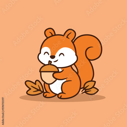 Cute autumn squirrel holding an acorn, in flat cartoon style with outline, on warm background.