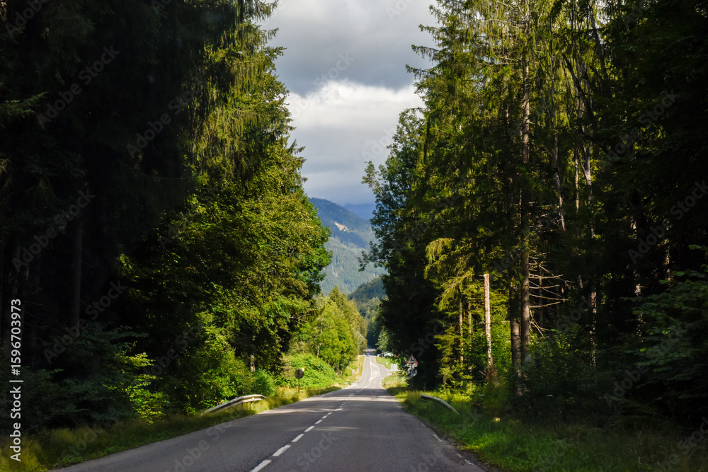 Fototapeta premium Long straight road through the mountains from drivers perspective