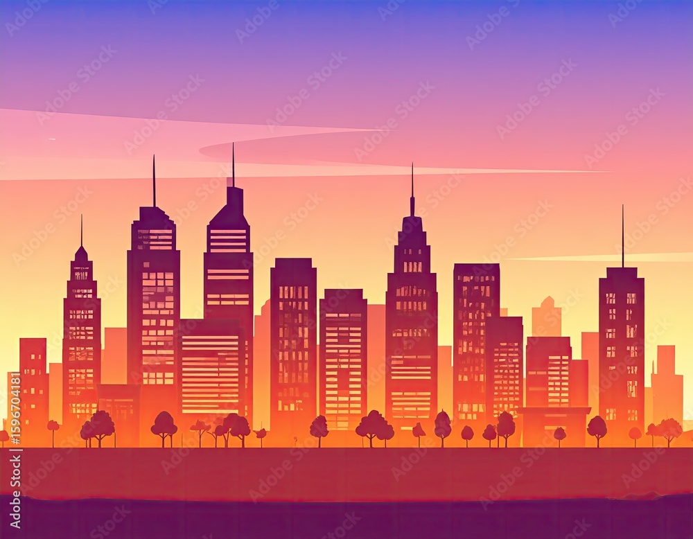 Obraz premium Urban skyline at sunset — flat color vector art with gradient sky and simple building outlines