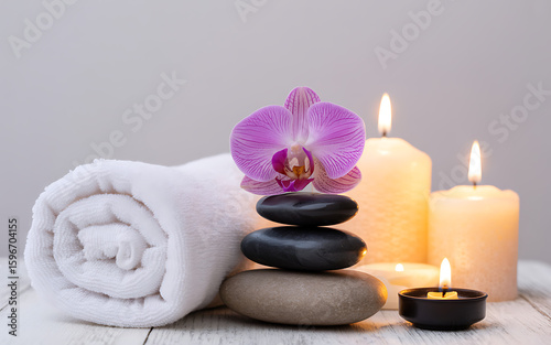 Spa still life with candles orchid and towels for a relaxing wellness atmosphere